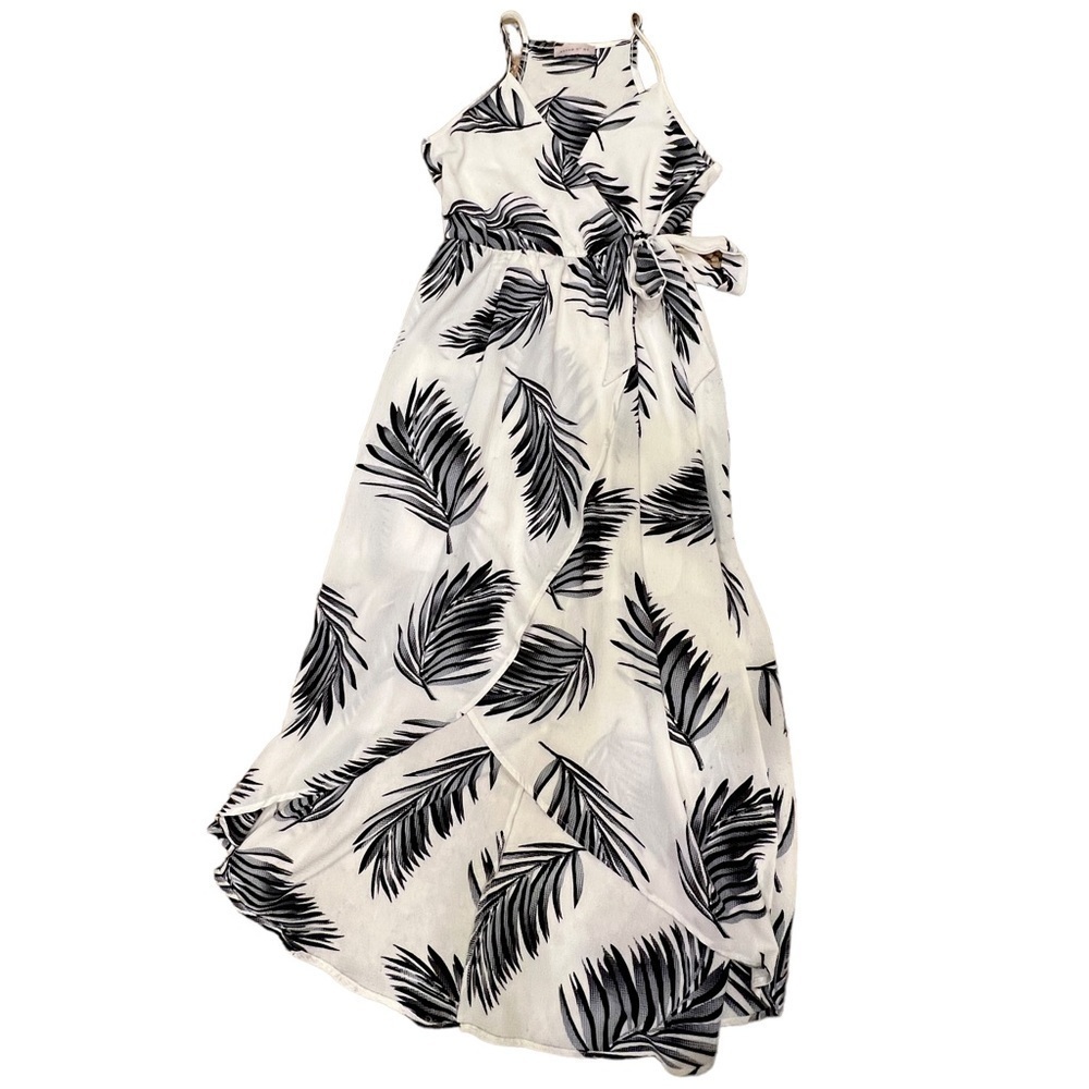 Womens Palm Leaf Wrap Midi Dress Medium Tropical Beach Vacation Resort Tie Waist - Picture 15 of 17